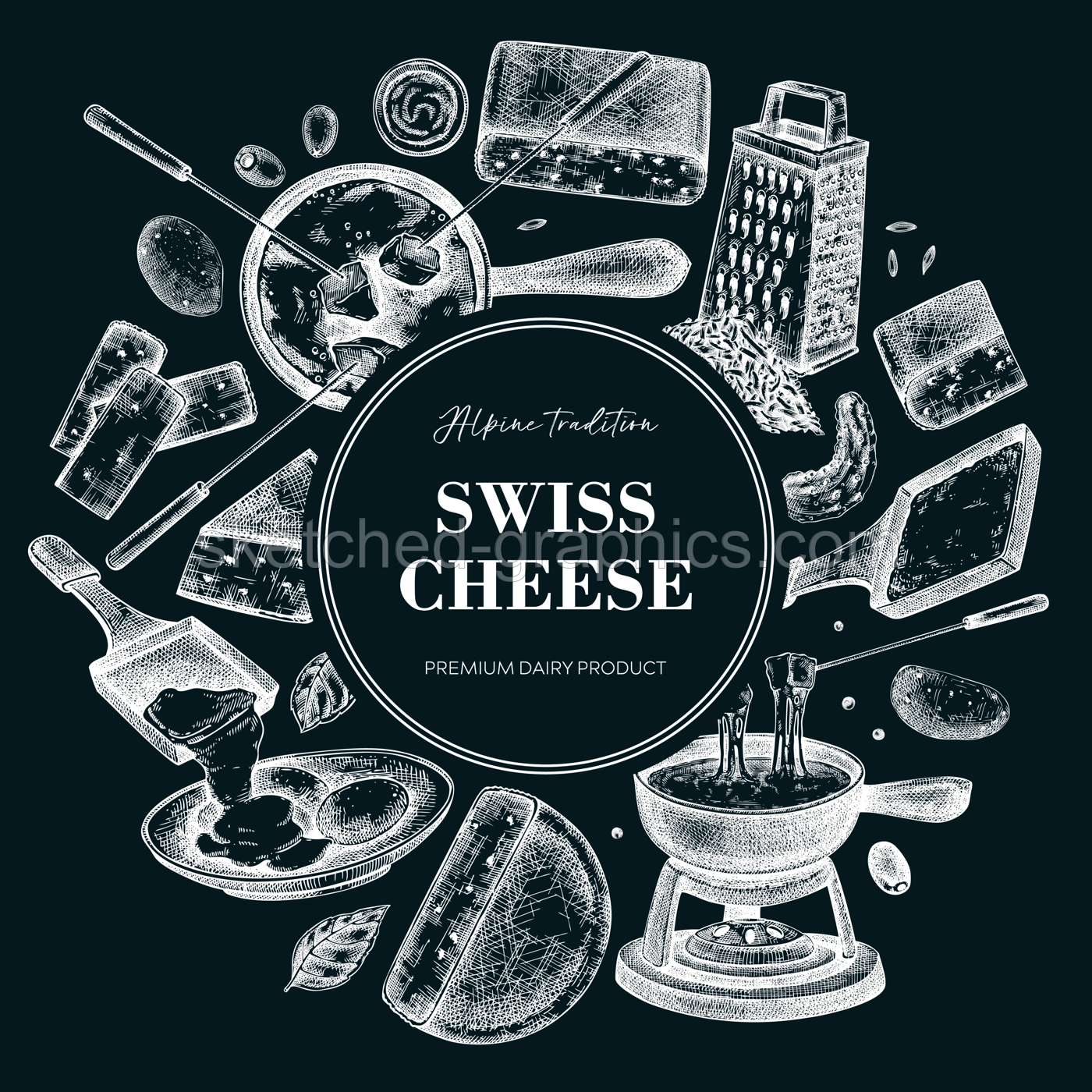 Swiss cheese hand drawn vector illustration. Vintage food label design. Fondue and raclette chalk drawings. Perfect for restaurant menu, packaging, or prints. NOT AI generated Illustration